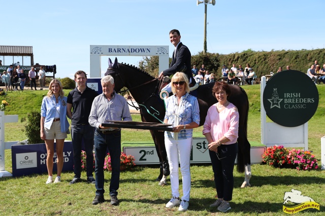 ORHRE 2023 - 4 year old Final Winner. Pictured with Daren Hopkins Winner on Champagne BW owned by Ballywalter Stables are Max O Reilly Hyland and his girlfriend who sponsored this class. Also pictured is Sharon Fitzpatrick who presented the Jonathan Fitzpatrick Memorial Trophy to the class winner on behalf of her family in memory of her late son. Pictured also Maurice Cousins and Liz Brennan.